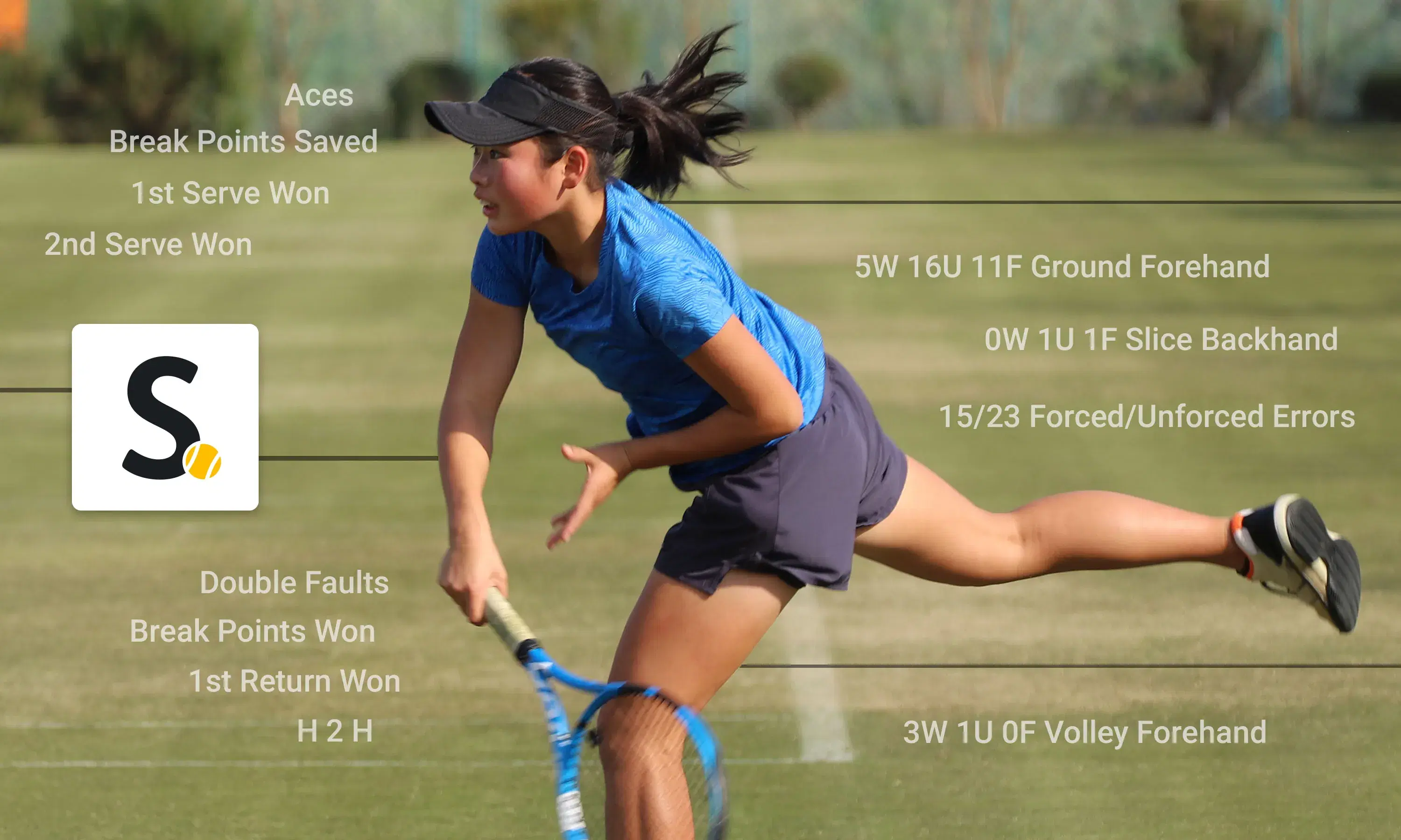 Junior player serving on a Smashpoint-tracked court, with match stats overlaid