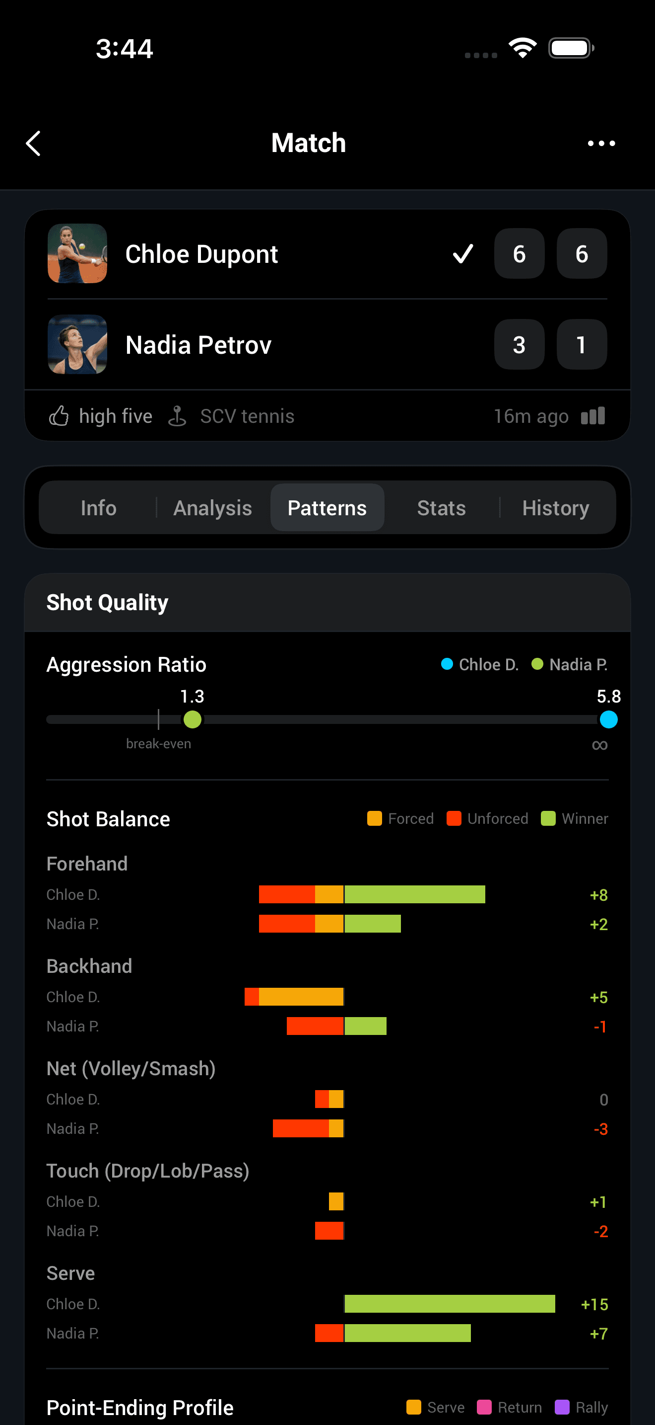 Completed match in Smashpoint with final score and Match Profile stats