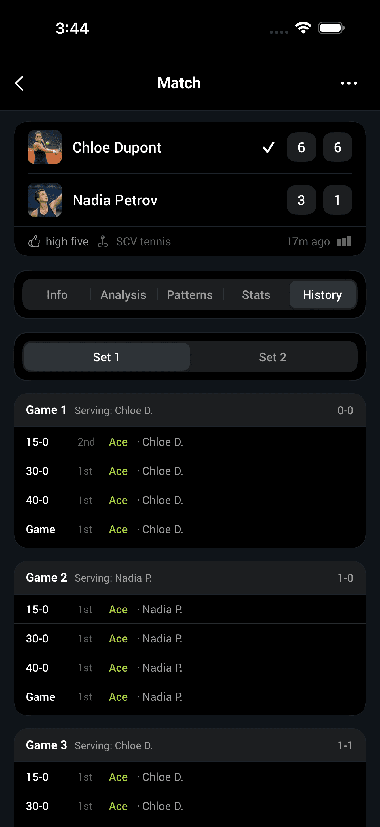 Completed match in Smashpoint with final score and Match Profile stats